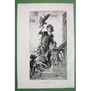  FALCONER LADY Bird Dogs   Antique Print Wood Engraving 