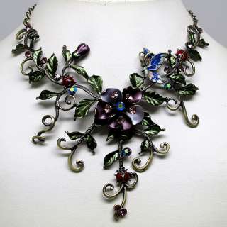 GORGEOUS FLOWER BUTTERFLY AMETHYST COLOR CRYSTAL NECKLACE EARRINGS SET 