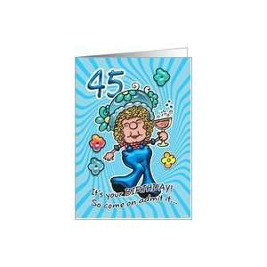 45th Birthday Card   Fun Lady With Glass Of Wine Card