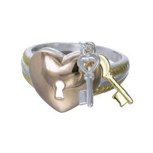 18K Yellow Gold Plated Contemporary Lock & Key Shape Ring In Sterling 