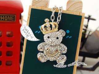 Fashion Full Diamond Lovely Teddy bears Crown Pendant Necklace  