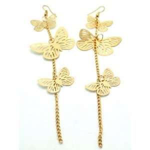 Goldtone 3 Butterflies with Chain Flower Hanging Earrings Dangle Hook 
