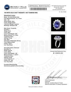 12800 CERTIFIED 14K WHITE GOLD 5.00CT TANZANITE 1.40CT DIAMOND RING 