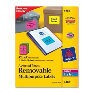 Avery 6482, Assorted Neon Removable Multipurpose Label, 3.33 x 4, 6Up 
