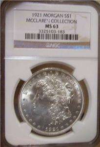 1921 Morgan Silver Dollar NGC MS 63 Mcclaren Hoard US Coin Collection 