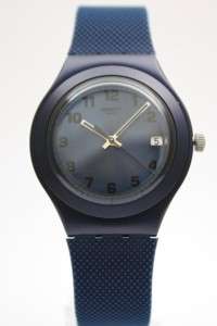 New Swatch Irony Big Aluminum Blue Effect Rubber Band Date Watch 38mm 