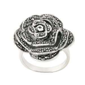  Sterling Silver Marcasite Rose Ring, Size 8: Jewelry