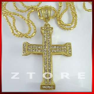 iced out bling yellow gold plated hip hop cross pendant plus+ 36 bead 