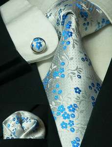 LANDISUN 24E BULE WHITE FLORAL SET:TIE+HANKY+CUFFLINKS  