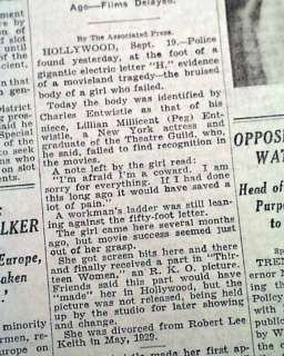   PEG ENTWISTLE DIES IN HOLLYWOOD SIGN LEAP Suicide Old Newspaper  