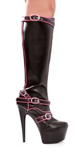 Black Knee High Boots Pink Trim Multiple Buckles 2 Platform & 6 