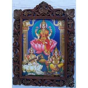  Lord Laxmi, Saraswati & Ganesha pic in Wood Frame 
