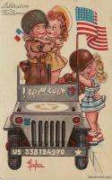   Liberation   Welcome U.S. Troops   art signed   WW II jeep   3154