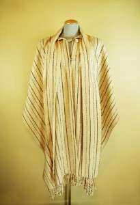   Striped Cream Wool Mexican Serape CAPE Coat Attached SCARF Fringe