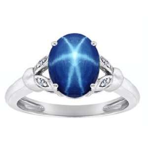   Lab Created Oval Star Sapphire and Diamonds Ring(Metal=White Gold,Size