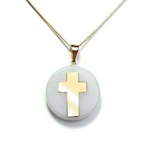   Plated Sterling Silver White Chinese Jade Cross Disc Pendant: Jewelry