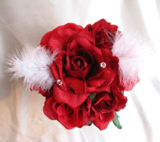 Wedding Bouquet Bridal silk flowers APPLE RED WHITE FEATHER bouquets 