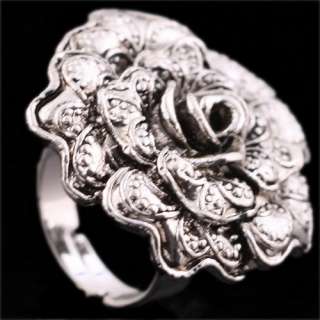 Tibet silver twist flower rose bead adjustable ring VTG  