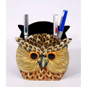  Handpainted Owl Pen Holder Container Grey Color, 5 Home 