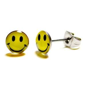  POST EARRINGS YELLOW SMILEY FACE Studs 70s Retro Happy Emoticon  