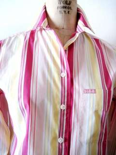 Faconnable Pink, White & Yellow Stripe 100% Cotton Button Front Shirt 