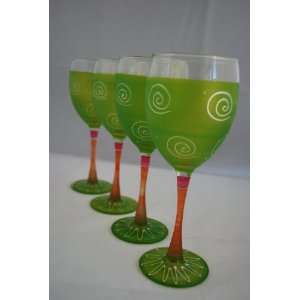   painted Wine Glasses.(frosted Curl Lt Green) 4 Wine Glasses Kitchen