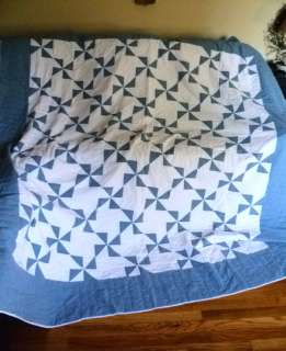 Hand Made/Sewn Blue & White Triangle/Whirligig Quilt  
