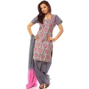 Gray Salwar Kameez Suit with Crewel Embroidered Chakras   Pure Cotton 
