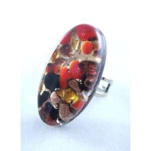   Orange Black Gold Oval Venetian Murano Glass Adjustable Ring: Jewelry