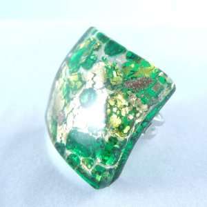  Green Gold Curved Venetian Murano Glass Adjustable Ring Jewelry