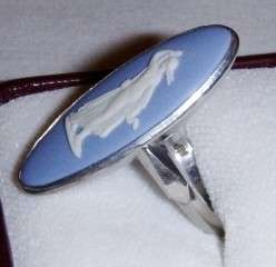 Vintage Wedgewood Blue Jasperware Cameo Sterling Ring, Sz.6  