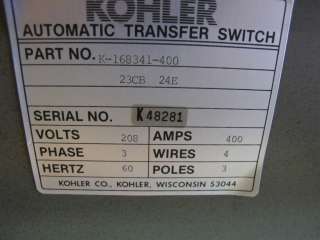Kohler 400 Amp, 208 Volt, 3 Phase, Automatic Transfer Switch   ATS15 