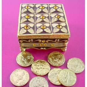  Gold Pewter Amber Floral Wedding Arras Box & Unity Coins 