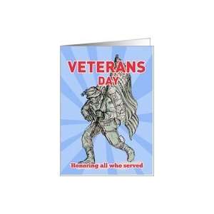 Veterans Day card featuring American soldier serviceman carrying flag 