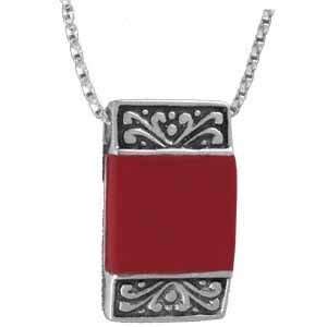  Vintage Sterling Silver Square Red Coral Pendant Jewelry