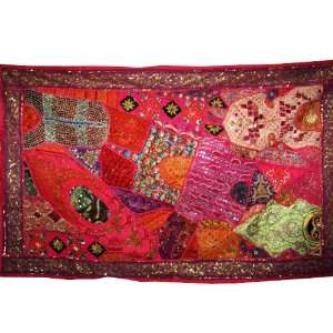  Pink Beaded Vintage Sari Wall Hanging Tapestry Wall Art 