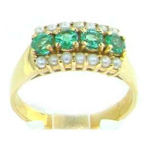   9K Yellow Gold Emerald & Pearl Vintage Style Ring  Size 9.5: Jewelry