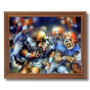  Dogs Playing Football Kids Room Animal Picture Oak Framed 