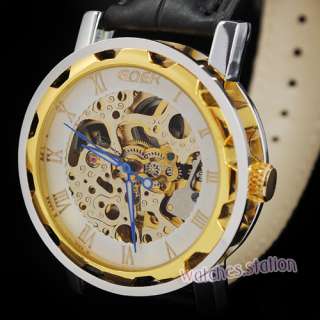 Mens Gent Gold Mechanical Self Winding Automatic Skeleton Wrist Watch 
