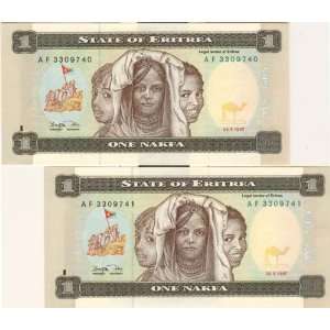 Eritrea 1 Nafka Pair of Bank Notes Consecutive Serial Numbers Three 