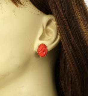 VICTORIAN 14K GOLD & HAND CARVED CORAL CAMEO EARRINGS  