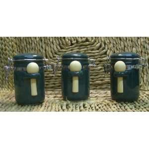 Green Ceramic Spice Canister Jar with Stainless Steel Clasp and Wooden 