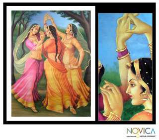 DANCING GIRLS~~Rajasthani Oil Painting~~India Art  