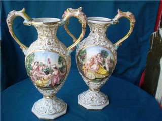 LARGE CAPODIMONTE PORCELAIN PAIR VASES AMPHORA GILTED SIGNED ITALY 