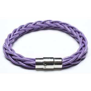  Purple Braided Leather Cord Bracelet, Stainless Steel 