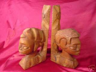 Pair Antique Hand Carved Wood African Bookend Sculpture  