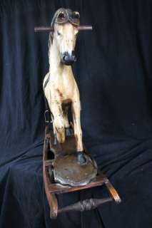 L103 ANTIQUE FOLK ART ROCKING HORSE HAND CARVED AND PAINTED HORSE HAIR 