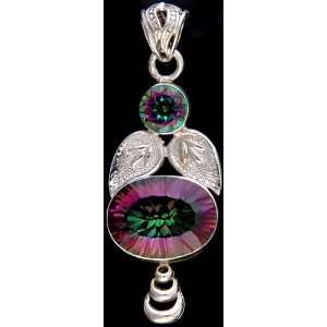 Faceted Mystic Topaz Pendant with Sterling Leaves   Sterling Silver