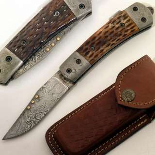   DAMASCUS FOLDING KNIFE WITH PUSH BUTTON LOCK & STAINED BONE  BK 1634