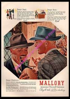 1940 MALLORY HATS MENS FASHION ART AD  